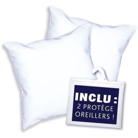 Pack 2 Oreillers DODO - Tendance - 60 x 60 cm + 2 Protege Oreillers Imperméable 60 x 60 cm - Blanc