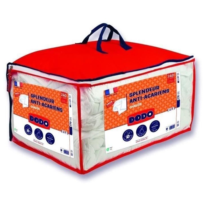 DODO Pack Couette chaude anti-acariens 220x240 cm + 2 oreillers 60x60 cm - Splendeur - Garnissage 100% volupt'air 350gr/m² - Bl