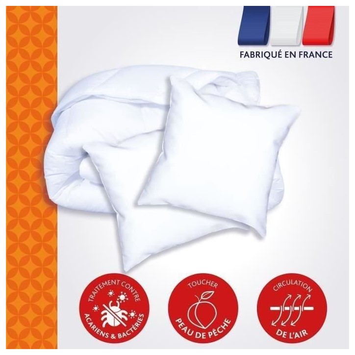 DODO Pack Couette chaude anti-acariens 220x240 cm + 2 oreillers 60x60 cm - Splendeur - Garnissage 100% volupt'air 350gr/m² - Bl