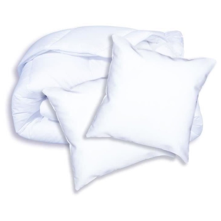 DODO Pack Couette chaude anti-acariens 220x240 cm + 2 oreillers 60x60 cm - Splendeur - Garnissage 100% volupt'air 350gr/m² - Bl