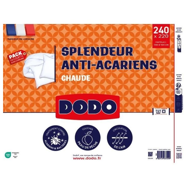 DODO Pack Couette chaude anti-acariens 220x240 cm + 2 oreillers 60x60 cm - Splendeur - Garnissage 100% volupt'air 350gr/m² - Bl
