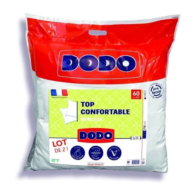 DODO - Lot de 2 Oreillers - Confortable - 60 x 60 cm - 100% Polyester