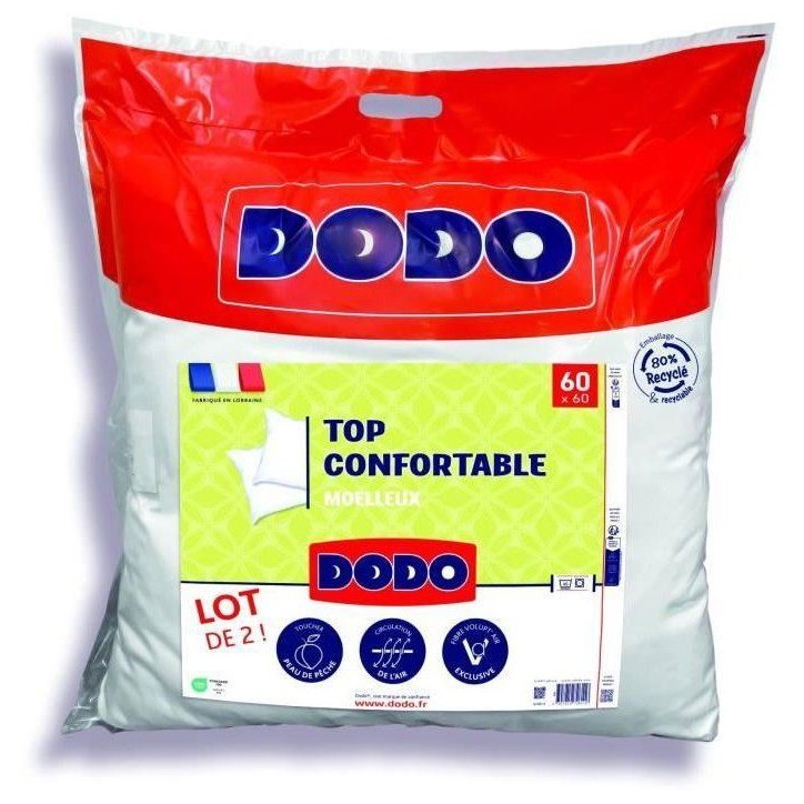 DODO - Lot de 2 Oreillers - Confortable - 60 x 60 cm - 100% Polyester VOLUPT'AIR - Blanc DODO - Lot de 2 Oreillers - Confortable - 60 x 60 cm - 100% Polyester VOLUPT'AIR - Blanc