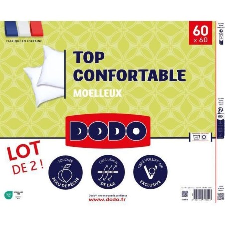 DODO - Lot de 2 Oreillers - Confortable - 60 x 60 cm - 100% Polyester VOLUPT'AIR - Blanc