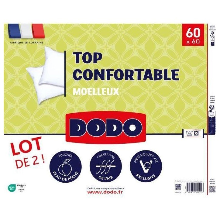 DODO - Lot de 2 Oreillers - Confortable - 60 x 60 cm - 100% Polyester VOLUPT'AIR - Blanc DODO - Lot de 2 Oreillers - Confortable - 60 x 60 cm - 100% Polyester VOLUPT'AIR - Blanc