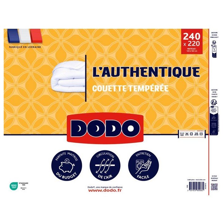 Couette Tempérée 250gr/m² - DODO - L'Authentique - 220 x 240 cm - Blanc