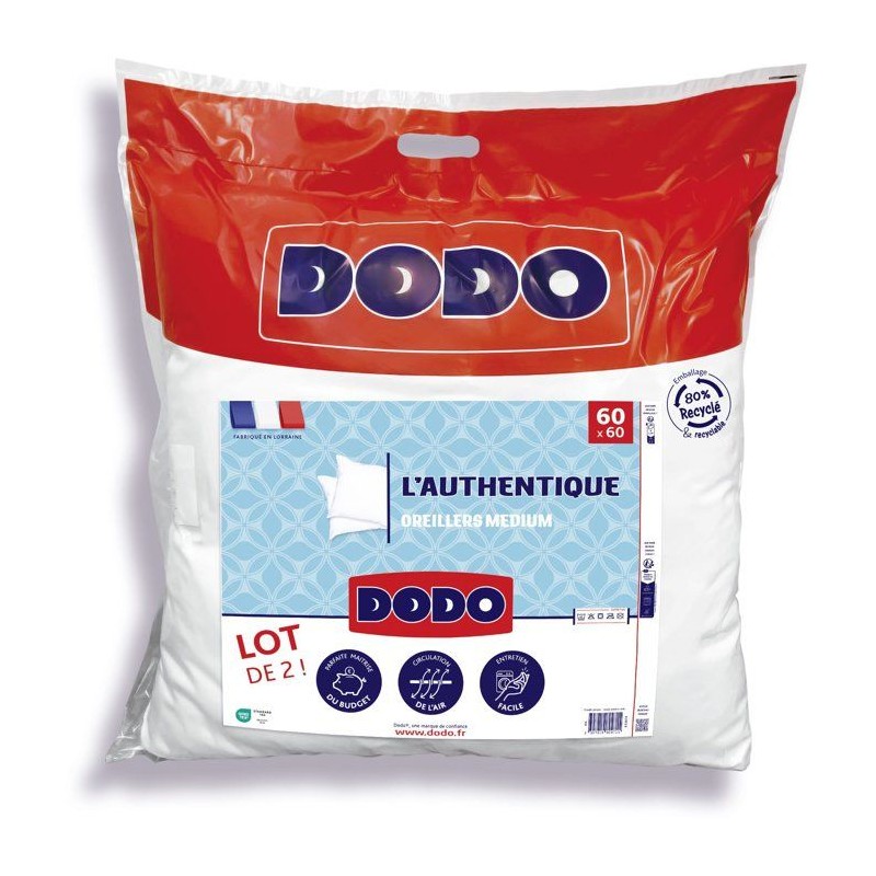Lot de 2 Oreillers Médium - DODO - L'AUTHENTIQUE - 60 x 60 cm - Blanc