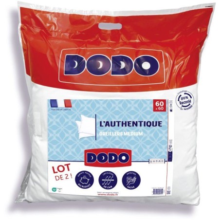 Lot de 2 Oreillers Médium - DODO - L'AUTHENTIQUE - 60 x 60 cm - Blanc