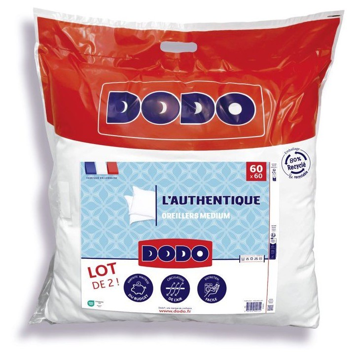 Lot de 2 Oreillers Médium - DODO - L'AUTHENTIQUE - 60 x 60 cm - Blanc Lot de 2 Oreillers Médium - DODO - L'AUTHENTIQUE - 60 x 60 cm - Blanc