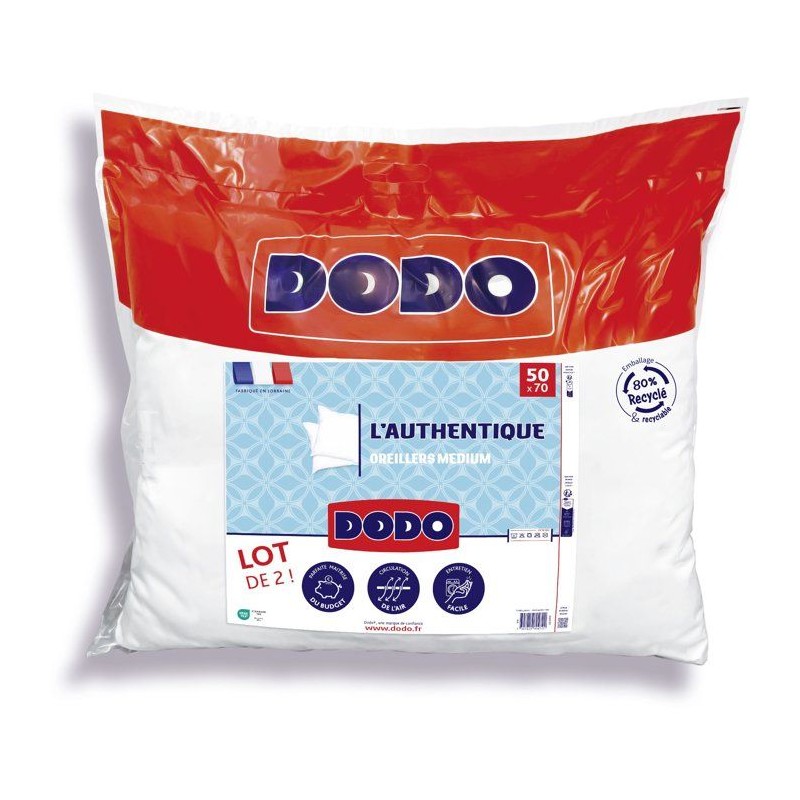 Lot de 2 Oreillers Médium - DODO - L'Authentique - 50 x 70 cm - Blanc