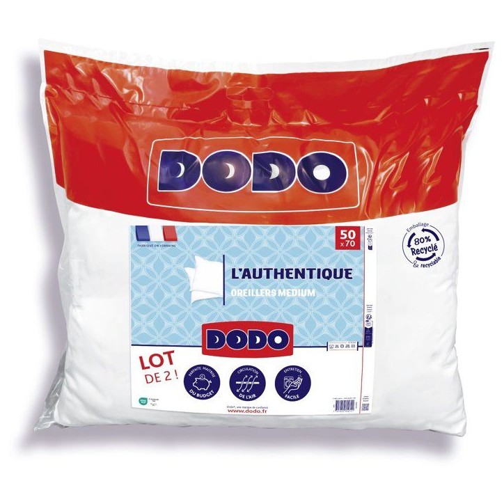 Lot de 2 Oreillers Médium - DODO - L'Authentique - 50 x 70 cm - Blanc Lot de 2 Oreillers Médium - DODO - L'Authentique - 50 x 70 cm - Blanc