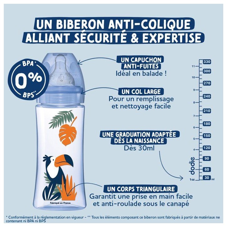 Biberon anti-colique - DODIE - 270 ml - Tétine ronde - 0-6 mois - 3 vitesses - Débit 2 - Vert