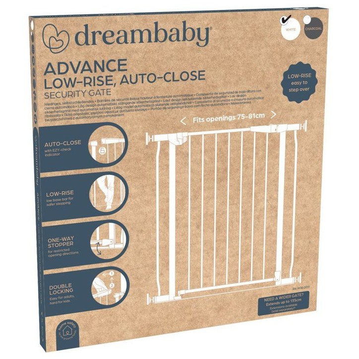 Barriere de sécurité - DREAMBABY - Advance Auto-Close - A base basse - Convient a 75-81cm, 76cm de hauteur - Blanc