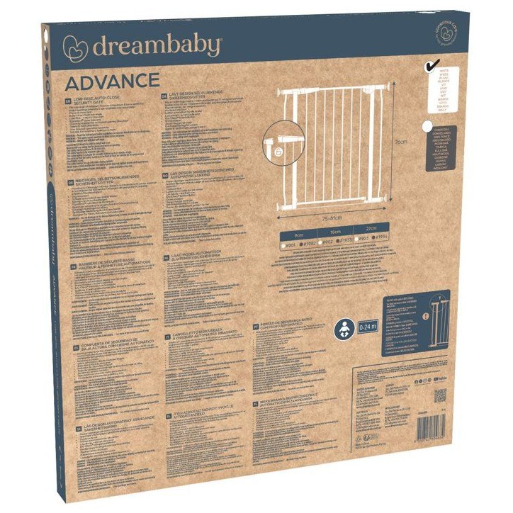 Barriere de sécurité - DREAMBABY - Advance Auto-Close - A base basse - Convient a 75-81cm, 76cm de hauteur - Blanc