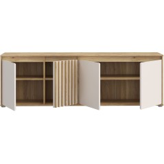 Meuble TV ELISTON – Blanc Mat & Chene – 4 Portes – 174,3 × 41,5