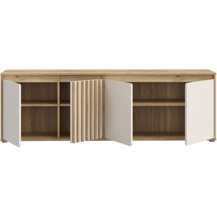 Meuble TV ELISTON – Blanc Mat & Chene – 4 Portes – 174,3 × 41,5 × 56,1 cm