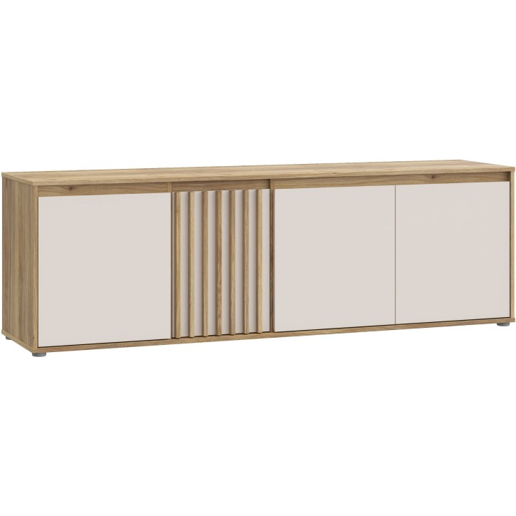 Meuble TV ELISTON – Blanc Mat & Chene – 4 Portes – 174,3 × 41,5 × 56,1 cm