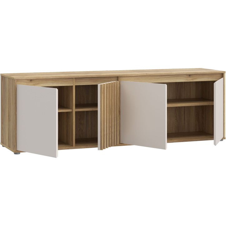 Meuble TV ELISTON – Blanc Mat & Chene – 4 Portes – 174,3 × 41,5 × 56,1 cm