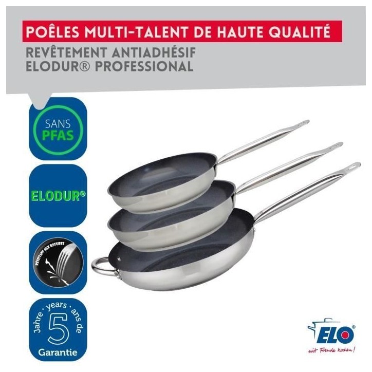 Set de 3 poeles a induction - ELO - Professional - Inox 18/10 ELODUR - Ø 24-28 et 32 cm