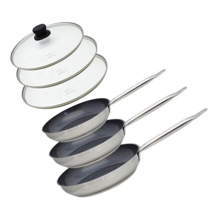 Set de 3 poeles a induction avec couvercles en verre - ELO - Professional - Inox 18/10 ELODUR - Ø 24-28 et 32 cm Set de 3 poeles a induction avec couvercles en verre - ELO - Professional - Inox 18/10 ELODUR - Ø 24-28 et 32 cm