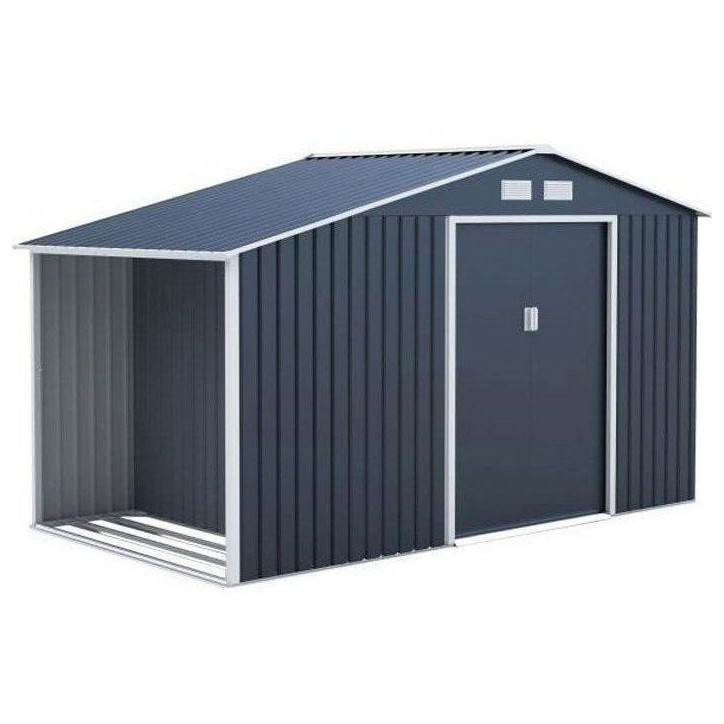 Abri de jardin en métal et abri bûches 6,53 m² - 342 x 191 x 202 cm - SOLIS - Kit d'ancrage inclus, 2 portes coulissantes - G Abri de jardin en métal et abri bûches 6,53 m² - 342 x 191 x 202 cm - SOLIS - Kit d'ancrage inclus, 2 portes coulissantes - G