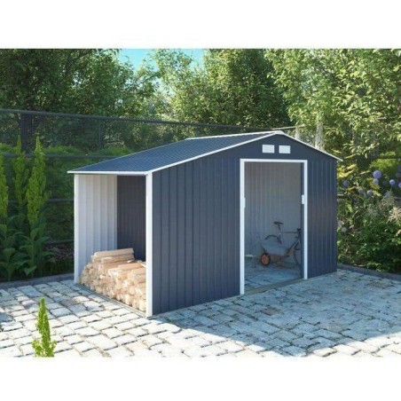 Abri de jardin en métal et abri bûches 6,53 m² - 342 x 191 x 202 cm - SOLIS - Kit d'ancrage inclus, 2 portes coulissantes - G