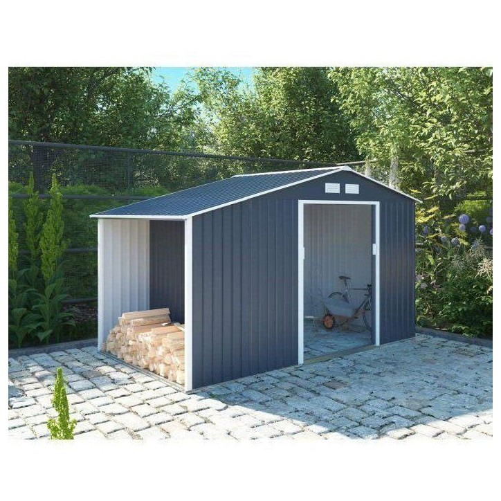 Abri de jardin en métal et abri bûches 6,53 m² - 342 x 191 x 202 cm - SOLIS - Kit d'ancrage inclus, 2 portes coulissantes - G Abri de jardin en métal et abri bûches 6,53 m² - 342 x 191 x 202 cm - SOLIS - Kit d'ancrage inclus, 2 portes coulissantes - G