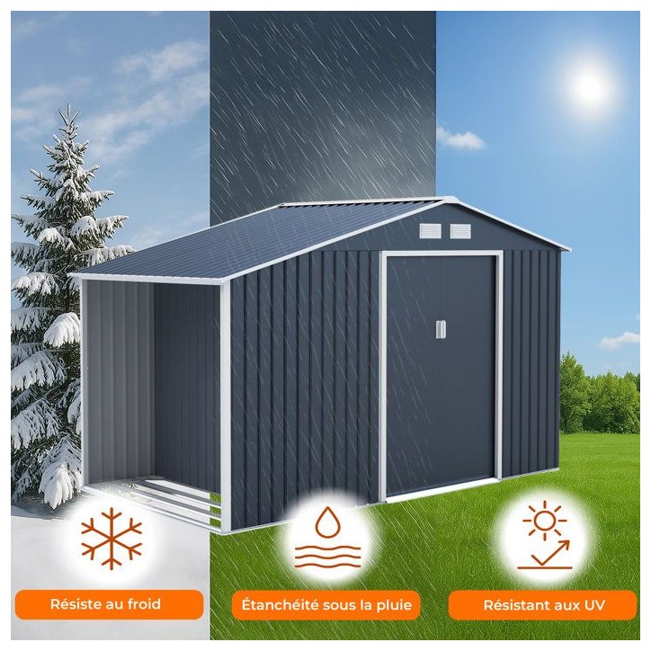 Abri de jardin en métal et abri bûches 6,53 m² - 342 x 191 x 202 cm - SOLIS - Kit d'ancrage inclus, 2 portes coulissantes - G Abri de jardin en métal et abri bûches 6,53 m² - 342 x 191 x 202 cm - SOLIS - Kit d'ancrage inclus, 2 portes coulissantes - G