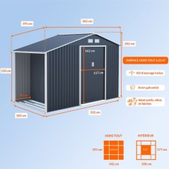 Abri de jardin en métal et abri bûches 6,53 m² - 342 x 191 x 202 cm