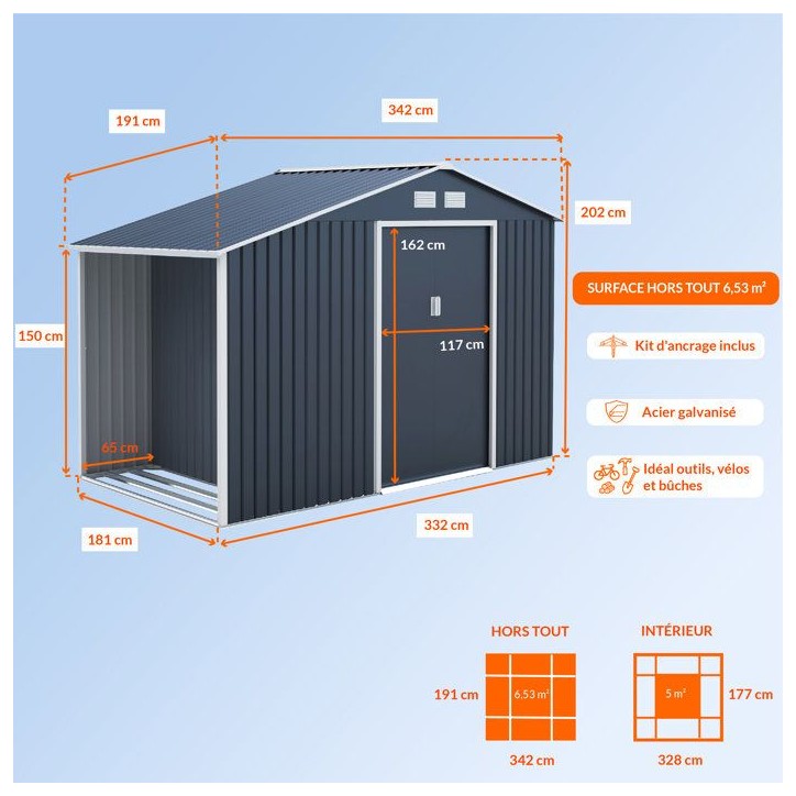 Abri de jardin en métal et abri bûches 6,53 m² - 342 x 191 x 202 cm - SOLIS - Kit d'ancrage inclus, 2 portes coulissantes - G Abri de jardin en métal et abri bûches 6,53 m² - 342 x 191 x 202 cm - SOLIS - Kit d'ancrage inclus, 2 portes coulissantes - G