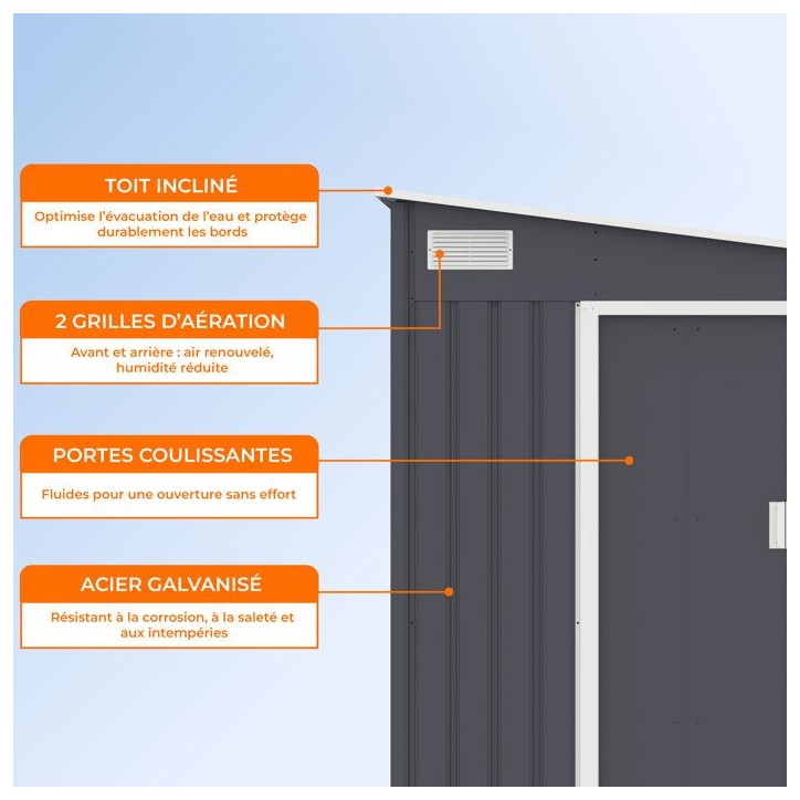 Abri de jardin en métal 5,5 m² - 215 x 257 x 193 cm - TORONTO - Kit d'ancrage inclus, 2 portes coulissantes - Gris Abri de jardin en métal 5,5 m² - 215 x 257 x 193 cm - TORONTO - Kit d'ancrage inclus, 2 portes coulissantes - Gris