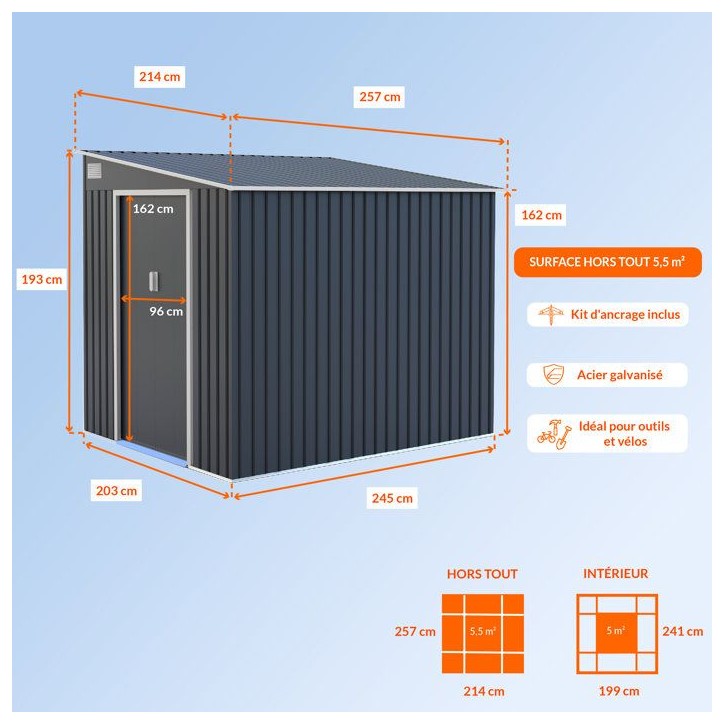 Abri de jardin en métal 5,5 m² - 215 x 257 x 193 cm - TORONTO - Kit d'ancrage inclus, 2 portes coulissantes - Gris Abri de jardin en métal 5,5 m² - 215 x 257 x 193 cm - TORONTO - Kit d'ancrage inclus, 2 portes coulissantes - Gris