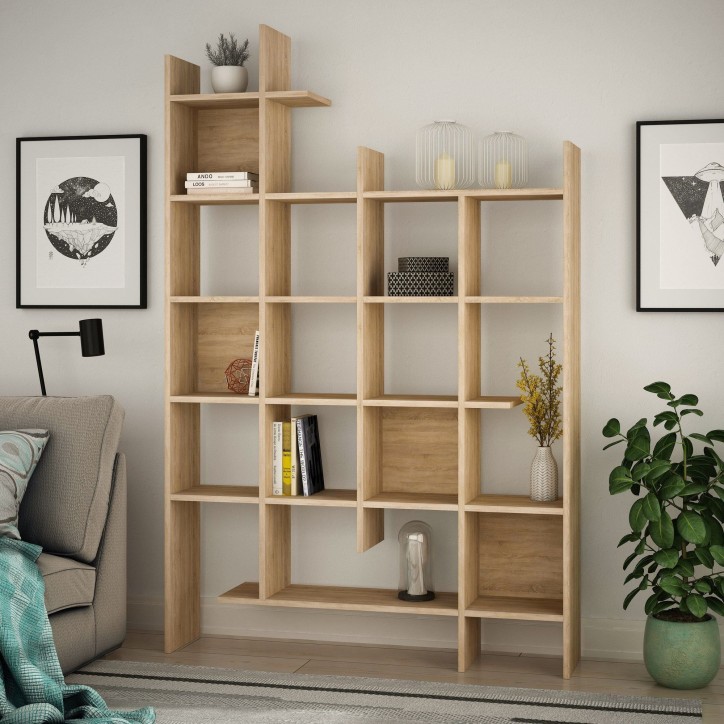 Bibliotheque étagere moderne - MANCO - Fixation murale - 122 x 188 x 26 cm - couleur Chene clair