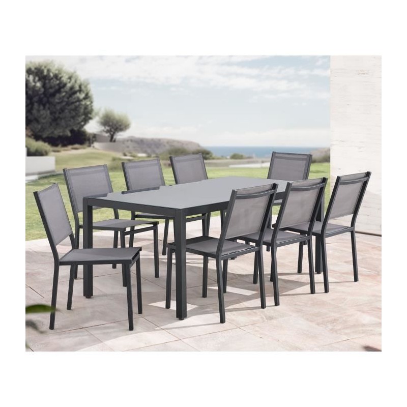 Ensemble repas de jardin : Table 180 cm + 8 chaises - Structure alumin