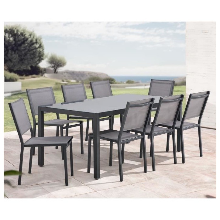 Ensemble repas de jardin : Table 180 cm + 8 chaises - Structure aluminium - Plateau verre trempé - Gris Ensemble repas de jardin : Table 180 cm + 8 chaises - Structure aluminium - Plateau verre trempé - Gris