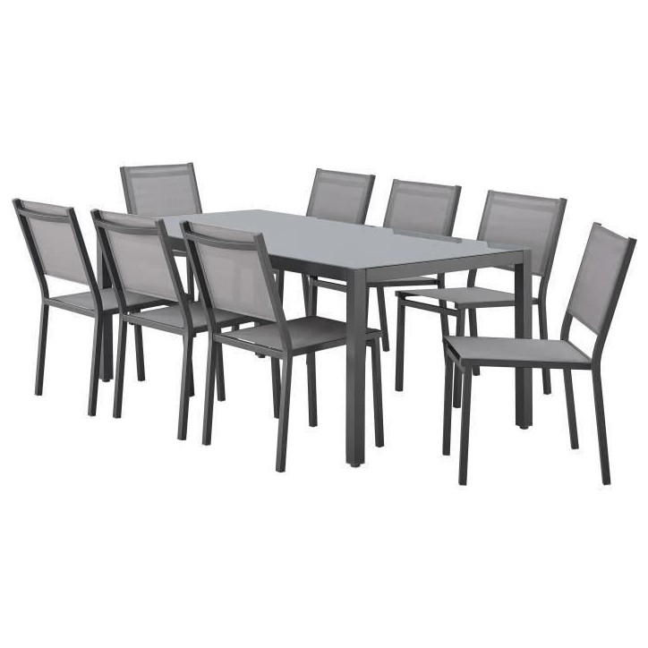 Ensemble repas de jardin : Table 180 cm + 8 chaises - Structure aluminium - Plateau verre trempé - Gris Ensemble repas de jardin : Table 180 cm + 8 chaises - Structure aluminium - Plateau verre trempé - Gris