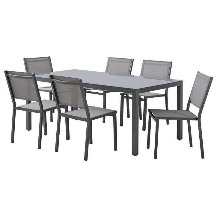 Ensemble repas table de jardin 6 personnes : Table + 6 chaises - Structure en aluminium - L180 x P 90 x H 74 cm - Gris anthracit Ensemble repas table de jardin 6 personnes : Table + 6 chaises - Structure en aluminium - L180 x P 90 x H 74 cm - Gris anthracit
