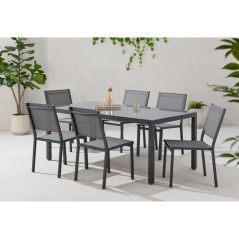 Ensemble repas table de jardin 6 personnes : Table + 6 chaises - Structure en aluminium - L180 x P 90 x H 74 cm - Gris anthracit