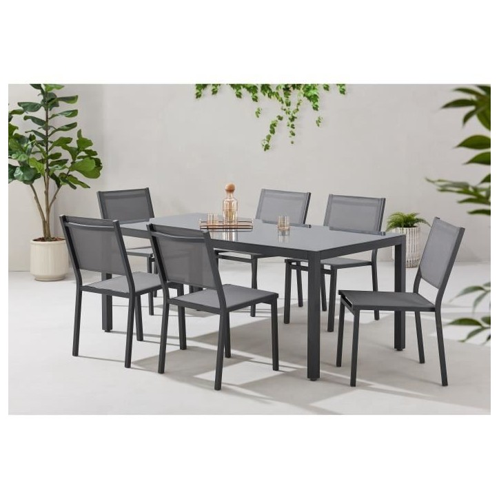 Ensemble repas table de jardin 6 personnes : Table + 6 chaises - Structure en aluminium - L180 x P 90 x H 74 cm - Gris anthracit Ensemble repas table de jardin 6 personnes : Table + 6 chaises - Structure en aluminium - L180 x P 90 x H 74 cm - Gris anthracit