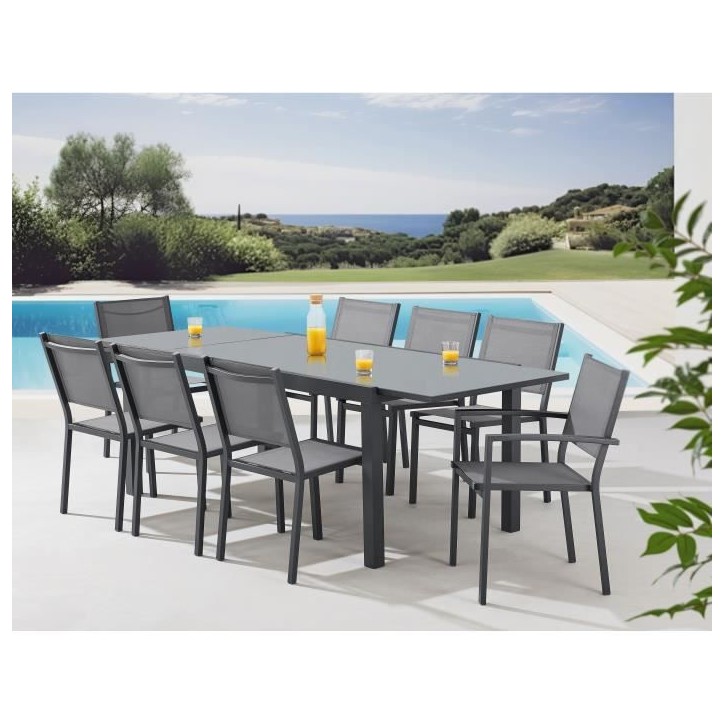 Ensemble repas de jardin 6 a 8 personnes : Table extensible 180-240 cm + 2 fauteuils + 6 chaises - Gris