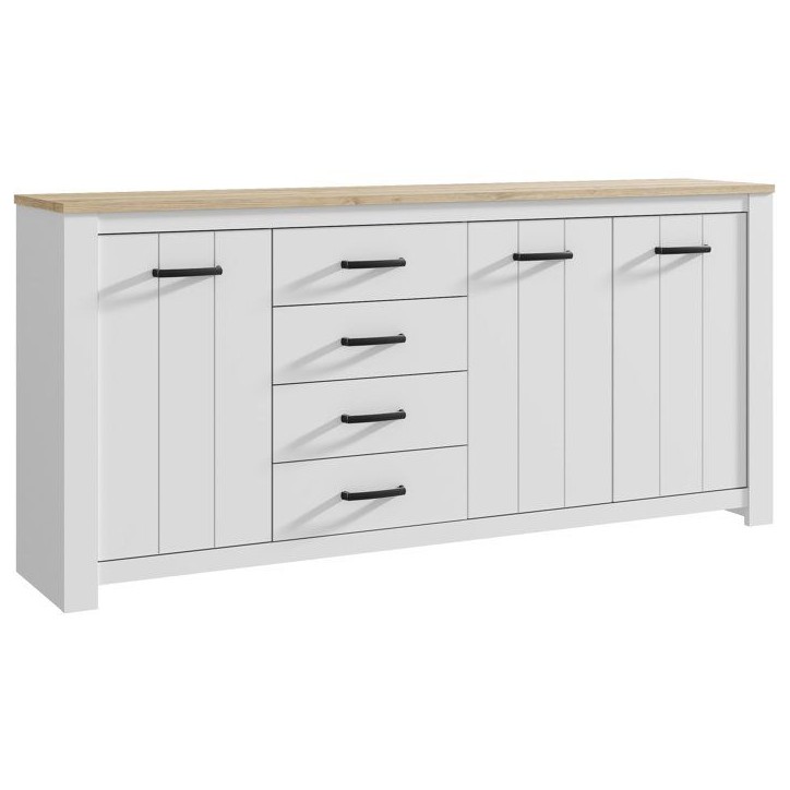 Enfilade - ELARA - Chene / Blanc mat - 3 portes - 4 tiroirs - 206 x 42,2 x 95,7 cm