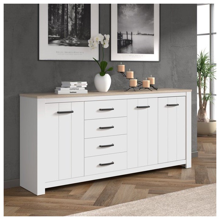 Enfilade - ELARA - Chene / Blanc mat - 3 portes - 4 tiroirs - 206 x 42,2 x 95,7 cm