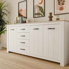 Enfilade - ELARA - Chene / Blanc mat - 3 portes - 4 tiroirs - 206 x 42