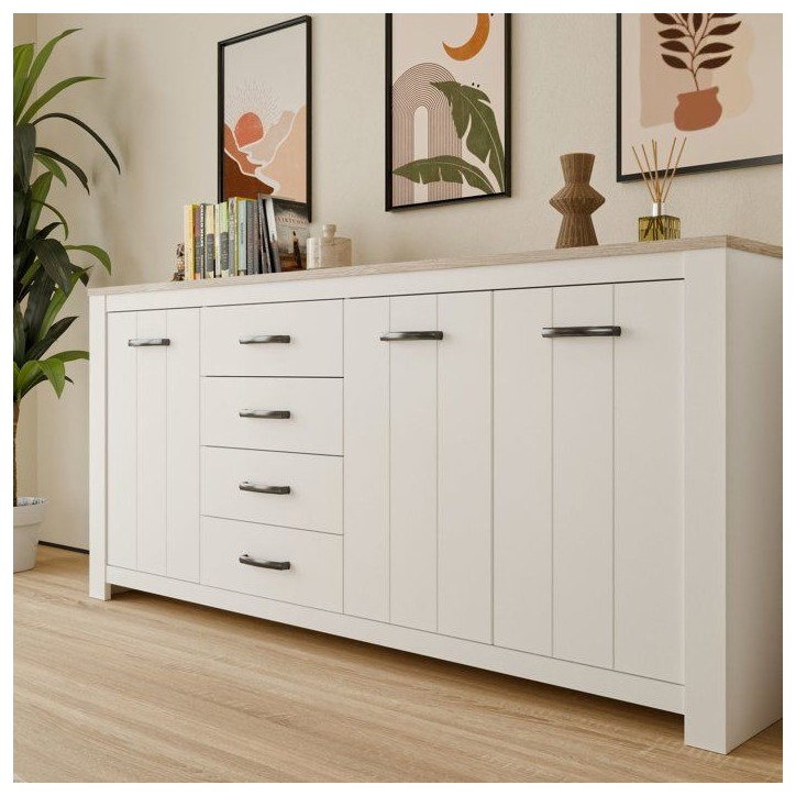 Enfilade - ELARA - Chene / Blanc mat - 3 portes - 4 tiroirs - 206 x 42,2 x 95,7 cm