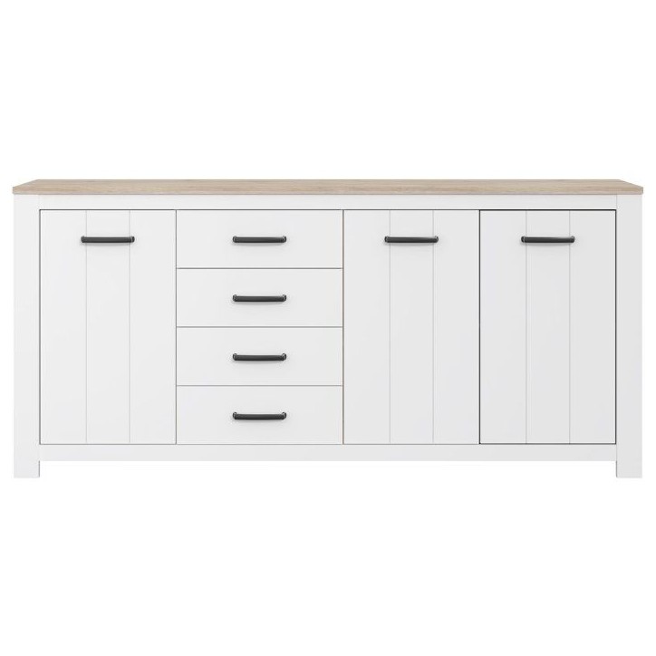 Enfilade - ELARA - Chene / Blanc mat - 3 portes - 4 tiroirs - 206 x 42,2 x 95,7 cm