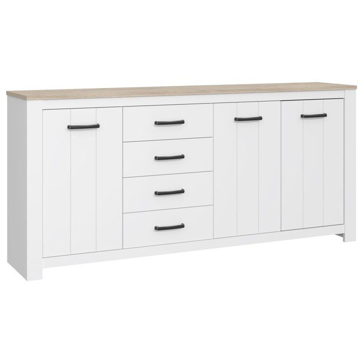 Enfilade - ELARA - Chene / Blanc mat - 3 portes - 4 tiroirs - 206 x 42,2 x 95,7 cm