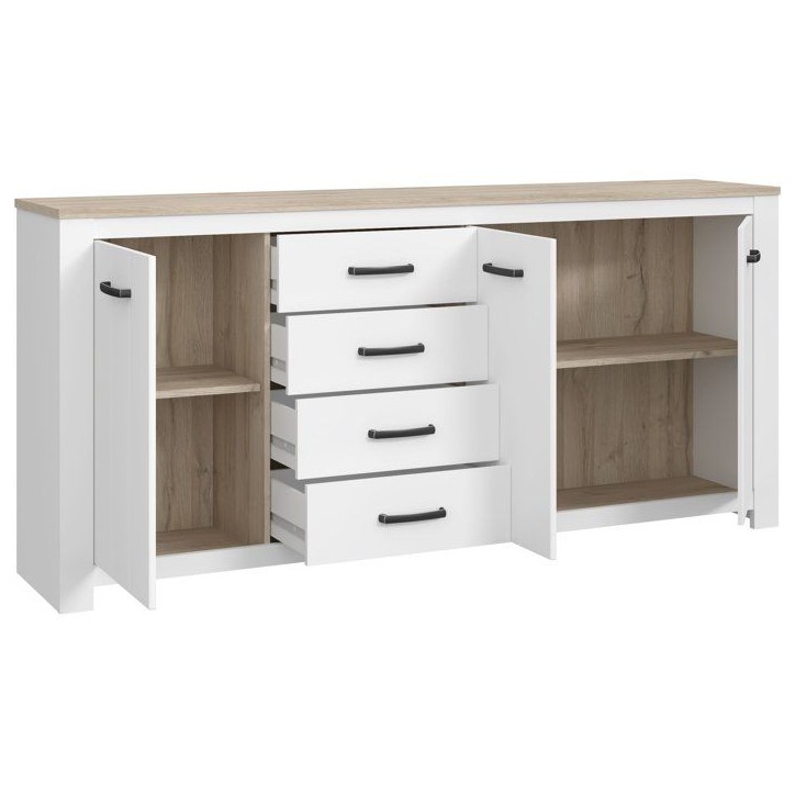 Enfilade - ELARA - Chene / Blanc mat - 3 portes - 4 tiroirs - 206 x 42,2 x 95,7 cm