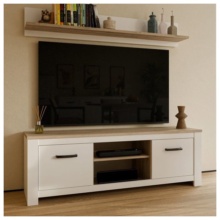 Meuble TV - ELARA - Chene / Blanc mat - 161,4 x 42,2 x 54,1 cm