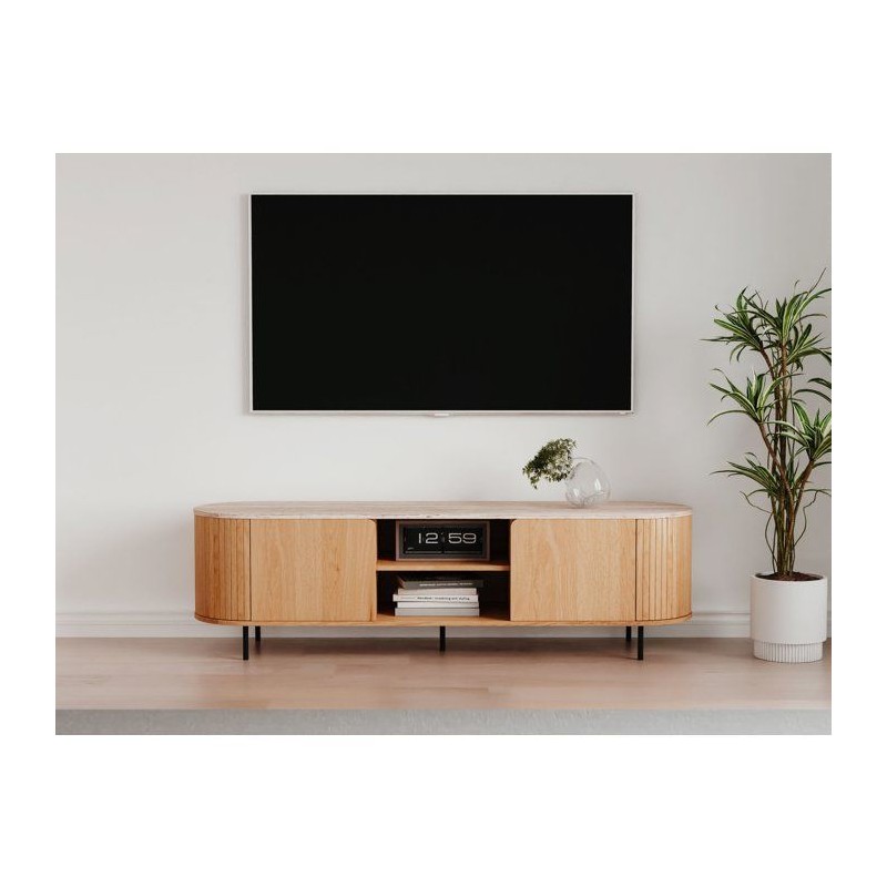 Meuble TV FABIA - Chene & Travertin - 160 x 40 x 52 cm