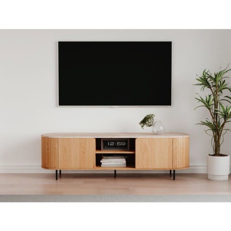Meuble TV FABIA - Chene & Travertin - 160 x 40 x 52 cm